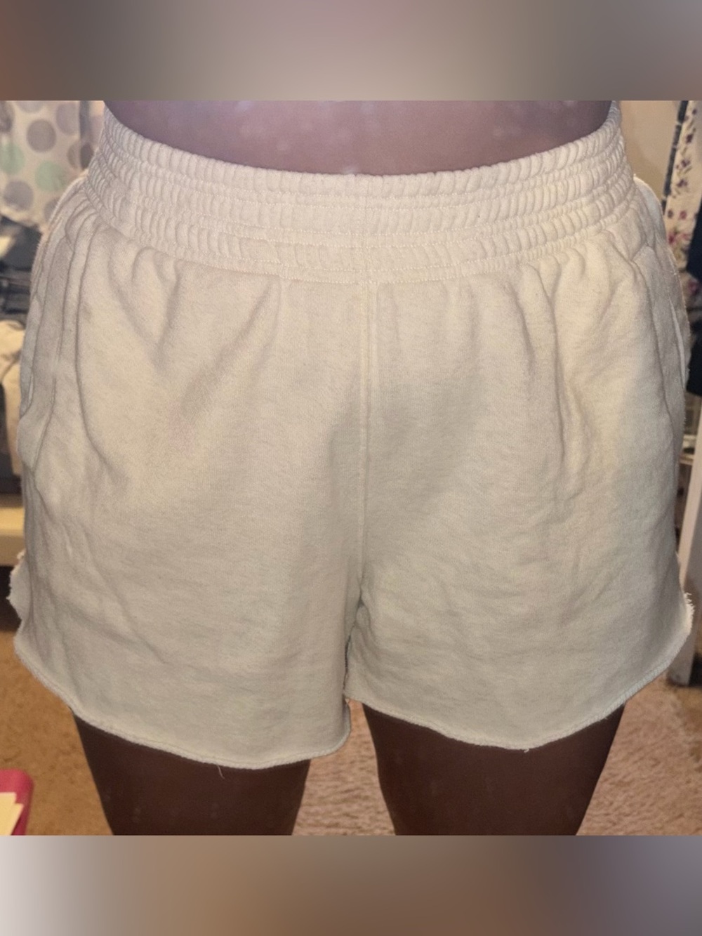 aerie Cream Elastic-Waist Terry Athletic Shorts